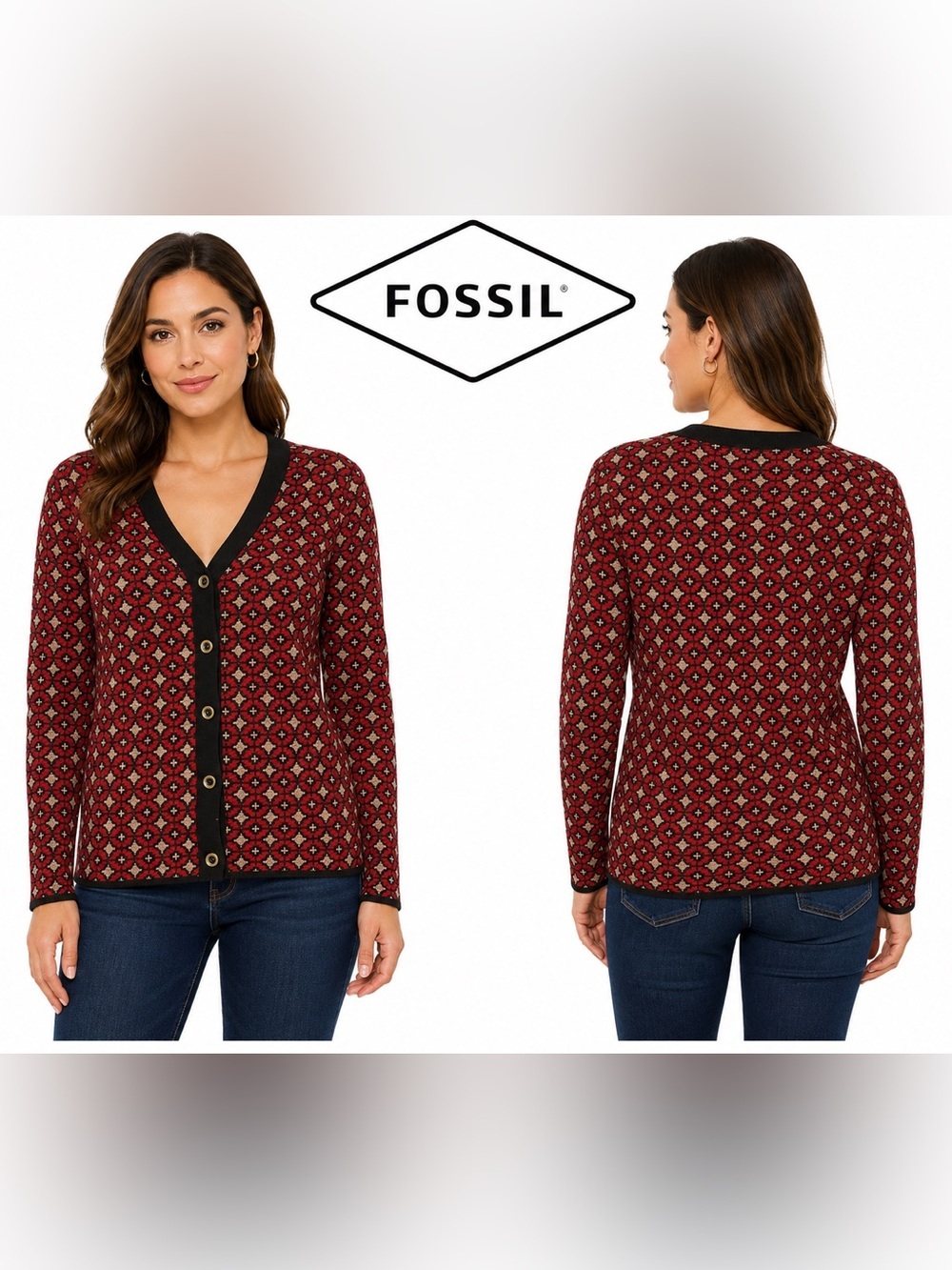 Fossil Black Metallic Gold Mod Jacquard Button Up Cardigan Medium